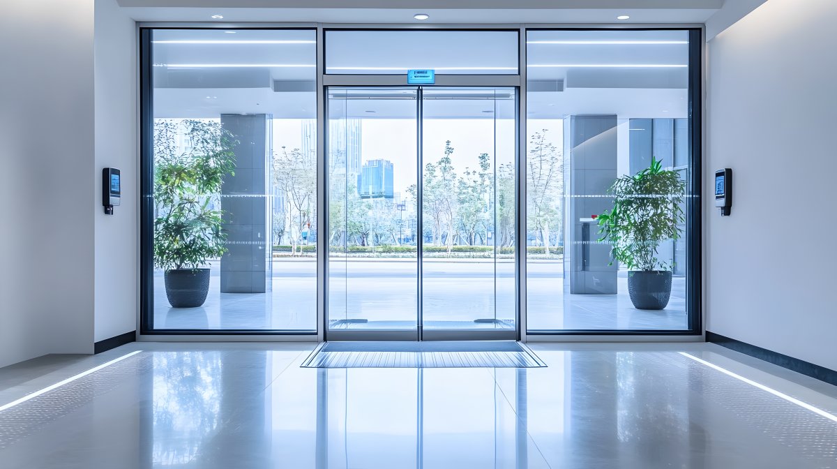 A sleek, automatic sliding glass door at the entrance of a commercial building, equipped with motion sensors for seamless access.